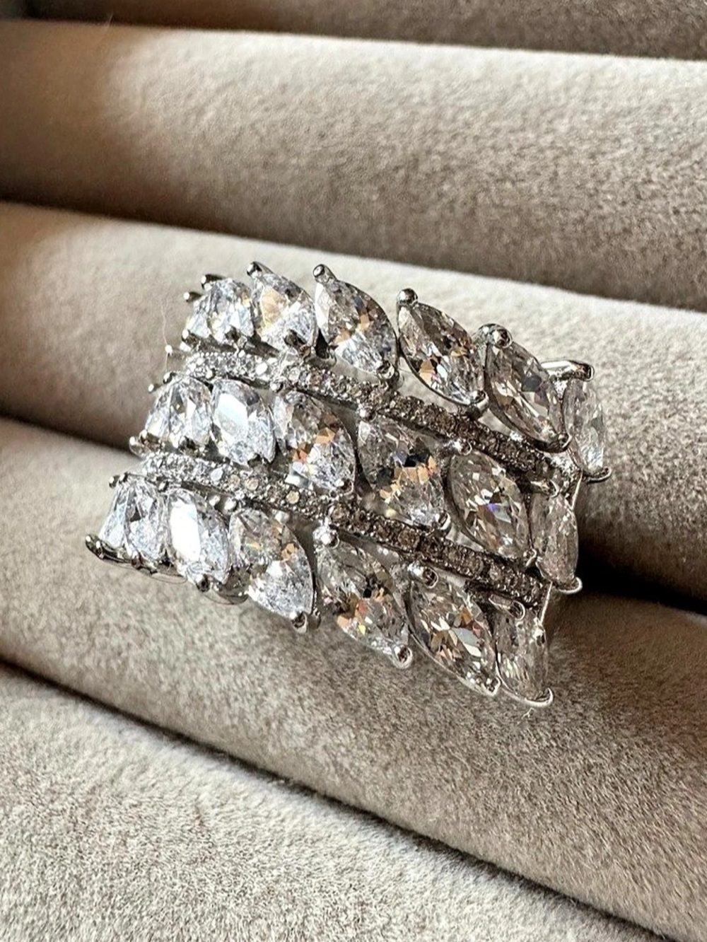 FZN 925 Sterling Silver Huge Clear Marquise Three-Row Statement Ring Size 11
